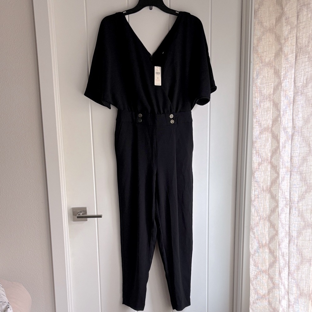 Anthropologie Black Flutter sleeve V neck jumpsuit
